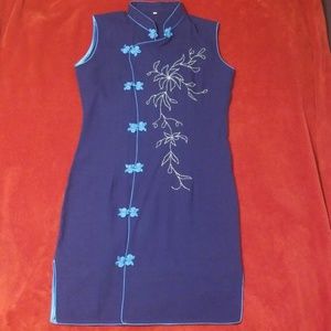 Qipao Mandarin Floral Stitch Mid Dress w Butterfly